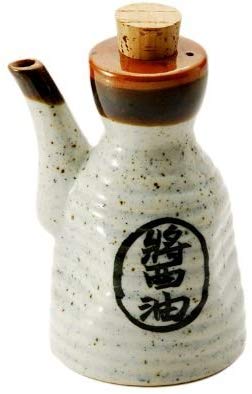 Traditional Japanese Tenmoku Pottery Soy Sauce Shoyu Dispenser With Cork Top Stopper 7oz Handcrafted in Japan (White)