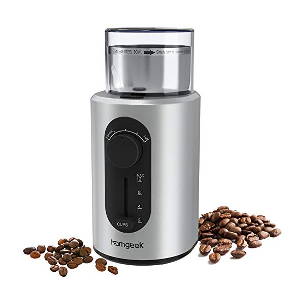 Homgeek Coffee Grinder, 200W Electric Spice Grinder for Dry Spices Nuts Seeds with Grind Size and Cup Selection, Stainless Steel Blades, Removable Bowl, Cleaning Brush Included