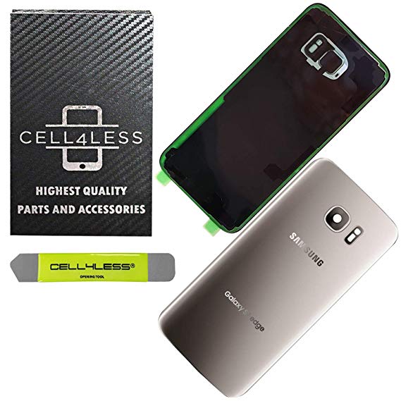 CELL4LESS Compatible Back Glass Cover Back Door w/Installed Camera Lens, Removal Tool & Pre-Installed Adhesive Compatible with Samsung Galaxy S7 Edge- All Models G935-2 Logo -Replacement (Silver)