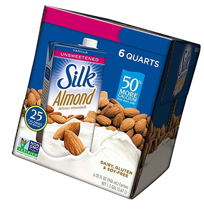 Silk Almond Milk, Unsweetened Vanilla, 32 Fluid Ounce, Vanilla Flavored Non-Dairy Almond Milk, Dairy-free Milk, New Version
