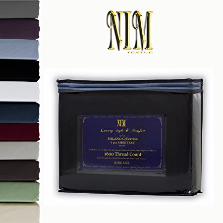 NIM Textile Luxury 1600 TC Softness Deep Pocket 4pc Bed Sheets Set MILANO Collection - Black, King