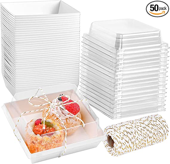 ZORRITA 50 Pack Paper Charcuterie Boxes with Clear Lids, Disposable Sandwich Boxes Square To Go Food Containers for Bakery Desserts, Strawberries, Cake Slice and Cookies (White)