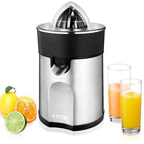 Juicer Aicok Citrus Juicer Electric Citrus Fruit Juicer with 2 Sized Juicing Cones Direct Anti-Drip System, 85W, Steel Filter for Orange Juice, Kiwi, Silver Stainless Steel Body