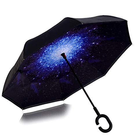 WJASI Windproof Large Inverted Umbrella, Double Layer UV Protaction Reverse Umbrella, Reversible Rain Umbrella for Women Men with C Handle