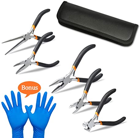 5 Pieces Mini Pliers, Long Lasting Tool Set Cable Cutters – Long Needle Nose, Long Nose, Nipper Bent Nose, End Cutting, Diagonal Cutting, Precision Pliers Set