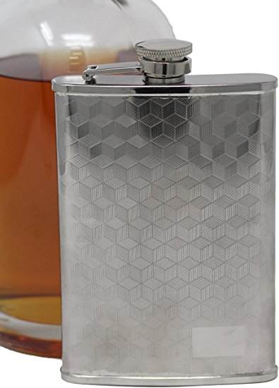 8 oz Pocket Hip Alcohol Liquor Flask in Etched 3D Cube Print - Made from 304 (18/8) Food Grade Stainless Steel