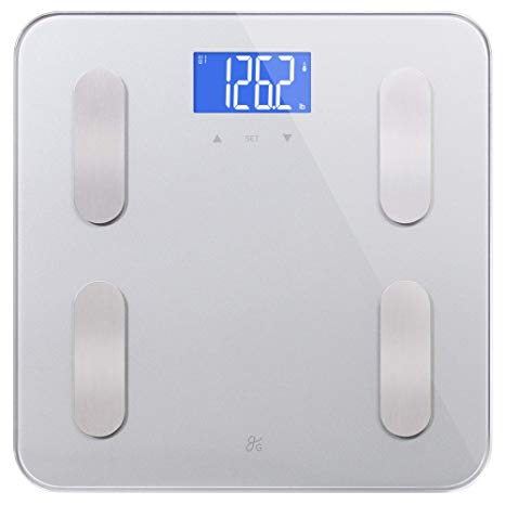 Digital Body Fat Weight Scale by GreaterGoods, (2019 Update) Accurate Health Metrics, Body Composition & Weight Measurements, Glass Top, with Large Backlit Display (Grey)