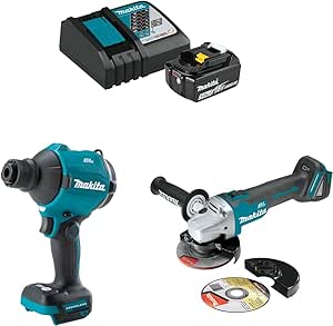 Makita XSA01Z 18V LXT® Brushless High Speed Blower/Inflator & XAG04Z 18V LXT® Brushless 4-1/2" / 5" Cut-Off/Angle Grinder with BL1850BDC1 18V LXT Lithium-Ion Battery and Charger Starter Pack (5.0Ah)