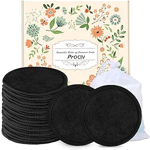 ProCIV Reusable Makeup Remover Pads - 25 Packs Washable Organic Bamboo Remover Cotton Pads for All Skin Types & Toner with Laundry Bag, Eco Friendly Zero Waste Soft Cotton Rounds (3.8 inch)(Black)