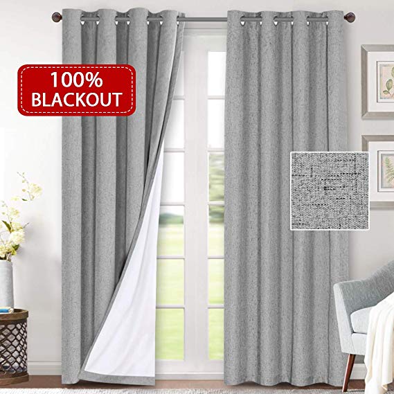 H.VERSAILTEX 100% Blackout Curtains for Bedroom Waterproof Thermal Insulated Curtains 2 Panels with White Liner Linen Textured Window Treatment Room Darkening Drapes(52 x 96 Inches, Dove Gray)