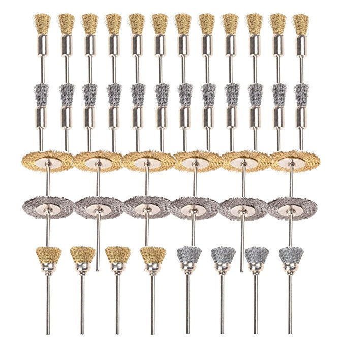 Gunpla 44 Pieces Mini Wire Brush Wheel Cup Brass Steel Wire Brush Set 1/8" (3mm) Shank For Power Dremel Rotary Tools Polishing Tools Accessories