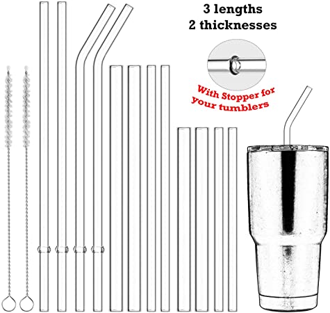 Qisiewell Reusable Glass Drinking Straws - 12 x Straws 3 x Lengths 2 x Thickness 2 x Sisal Cleaning Brushes - Smoothie Straws for Milkshakes, Frozen Drinks, Bubble Tea, Fruit Juice with Pulp Chunks