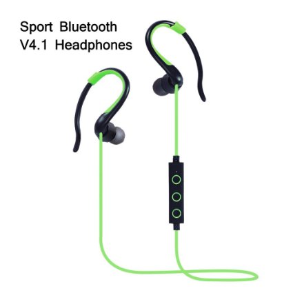 Bluetooth V4.1 Headsets, Sport Wireless Headphone Earbuds Microphone Stereo Headsets with Ergonomic Designed Ear Hooks Sweatproof for iPhone, iPad, Samsung Galaxy, Tablet, Green