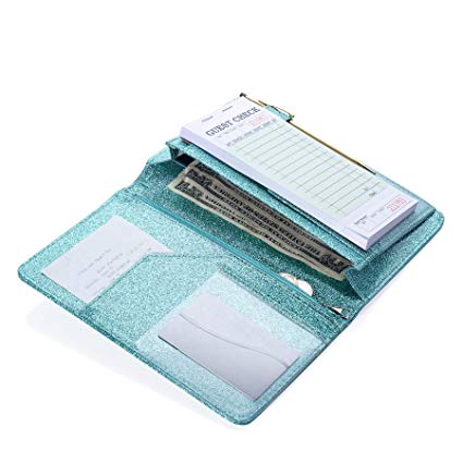 Sonic Server 5x8 Glitter Server Book Organizer with Magnetic Pocket, Zipper Pouch & Pen Holder for Waitress Waiter Waitstaff | Fits Apron Guest Checks Order Pad | Multiple Colors (Aqua Turquoise)