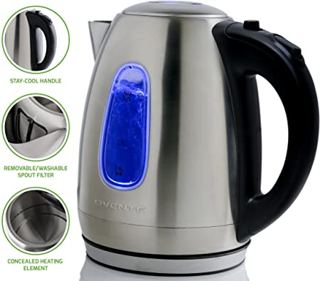 Ovente Electric Kettle 1.7 Liter Stainless Steel Water Boiler & Tea Heater with Concealed Heating Element, 1100 Watt Fast Heating, LED Indicator Light, Perfect for Coffee, Tea and More, Silver (KS96S)