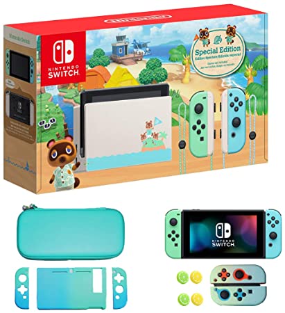 Newest Nintendo Switch with Green and Blue Joy-Con - Animal Crossing: New Horizons Edition - 6.2" Touchscreen Screen - Family Christmas Holiday Bundle - Green and Blue - WiKu 8-in-1 Carrying Case