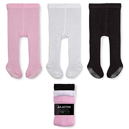 LA Active Baby Tights - 3 Pairs - Non Skid/Slip Cotton (Pink/White/Black, 12-24 Months)