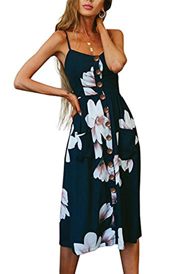 Angashion Women's Dresses-Summer Floral Bohemian Spaghetti Strap Button Down Swing Midi Dress with Pockets