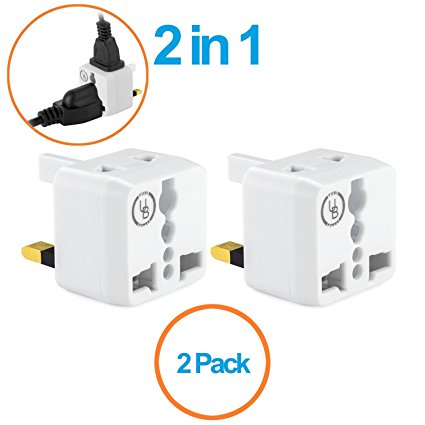 Yubi Power 2 in 1 Universal Travel Adapter with 2 Universal Outlets - Built in Surge Protector - White 2 Pack - Type G for United Kingdom, England, Hong Kong, Ireland, Scotland, Saudi Arabia, and more