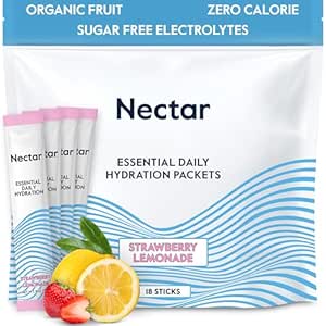 Nectar Hydration Packets - Electrolytes Powder Packets - No Sugar or Calories - Organic Fruit Liquid Daily IV Hydrate Packets for Dehydration Relief & Rehydration (Strawb. Lemon 18 Pack)