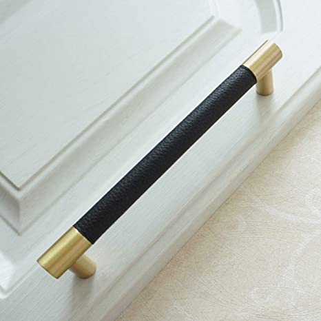 LBFEEL 3.75" 5" 6.3" 7.55" 10" Black Leather Pull Handles Drawer Brass Kitchen Cabinet Pulls Door Handle Dresser Pull Knobs 96 128 160 192 256mm (5" Hole Centers)