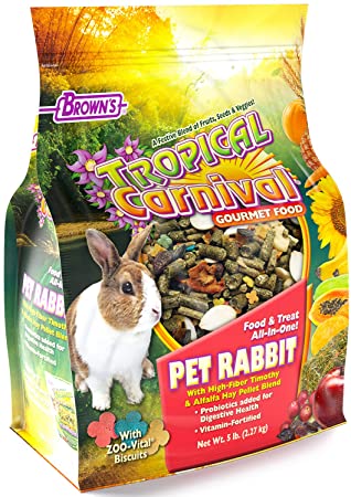 F.M. Brown's Tropical Carnival Gourmet Pet Rabbit Food with High-Fiber Timothy and Alfalfa Hay Pellets, 5-lb Bag - Probiotics for Digestive Health, Vitamin-Nutrient Fortified Daily Diet