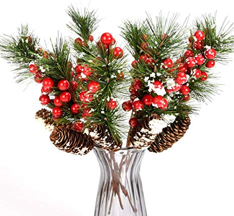 YSBER 14 Inch Artificial Berries Branch Plastic Fake Flowers 8 Pieces–Snow Flocked Red Holly Berry Pine Cone for DIY Christmas Crafts Party Festive Home Décor