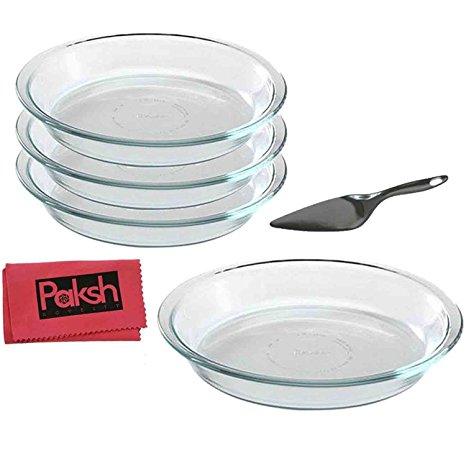 Glass Bakeware Pie Plate/Dish 9 Inch Round Clear, Microwave, Oven Freezer, Dishwasher Safe [4-Pack] - Bundled with Cloth