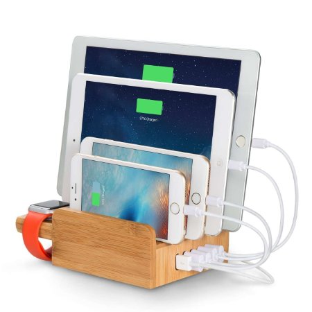 Upow CS007 5-Port USB Bamboo Charging Station for iOS & Android Smartphones, Tablets & Apple Watch