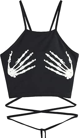 Romwe Women's Sexy Human Skeleton Skull Hand Print Spaghetti Strap Lace Up Slim Fitted Cami Crop Top Black#1 Large