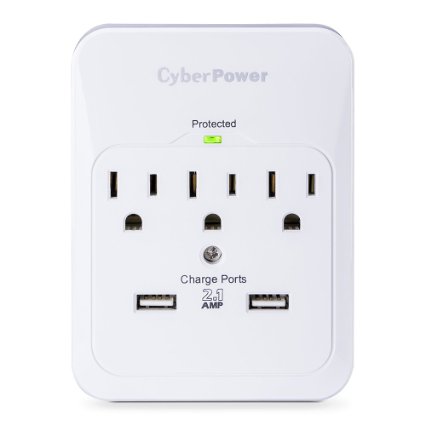 CyberPower CSP300WUR1 Surge Protector 3-AC Outlet with 2 USB 21A Charging Ports