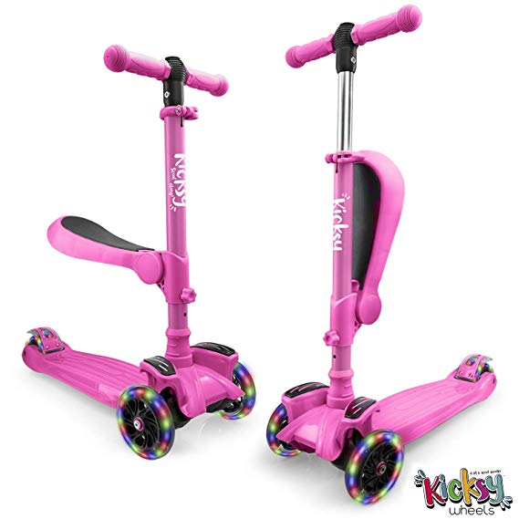 Kicsky Wheels Scooters for Kids with Seat Folding and Removable - 3 Wheel Toddler Scooter for Boys & Girls - Toddlers and Kids Toys for 2 Year Old and Up - Three Heights & Light Up Wheels