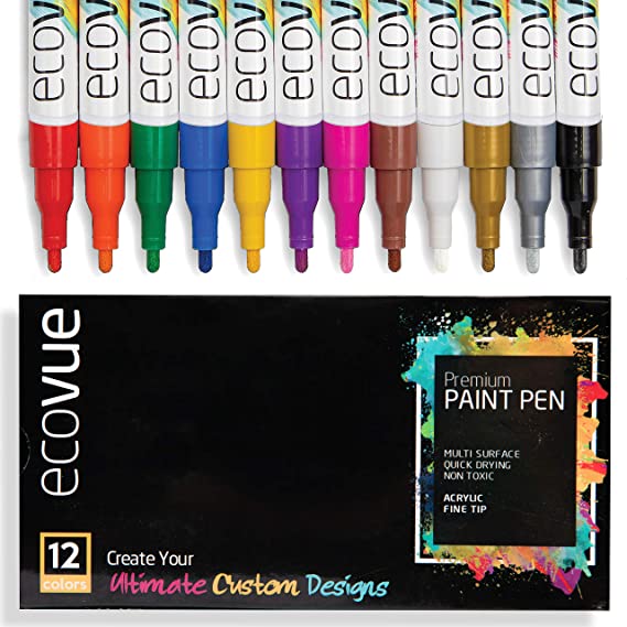 Acrylic Paint Marker Pens Fine Tip in 12 Vivid Fast Drying Colors For Glass, Wood, Mugs, Rock, Metal, Clay