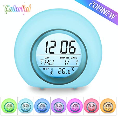 OUTERDO Kids Alarm Clock, Children's Light Alarm Clock for Bedrooms, 7 Color Changing Bedside Clock for Boys Girls,with Indoor Temperature, Touch Control and Snoozing(Blue)