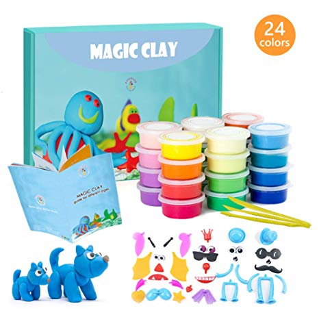 ESSENSON Modeling Clay Kit - 24 Colors Air Dry Ultra Light Modeling Magic Clay, Soft & Stretchable DIY Molding Clay with Clay Tools, Animal Accessories and Easy Storage Box Best Gifts for Kids/Adults