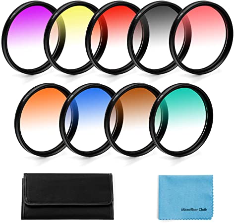 55mm Graduated Color Filters Kit 9 Pieces Gradual Colour Lens Filter Kit Set Accessory for Canon Nikon Sony Pentax Olympus Fuji DSLR Camera   Lens Filter Pouch  Lens Cleaning Cloth