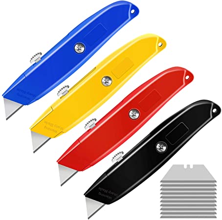 4-Pack Colorful Utility Knife Box Cutter Heavy Duty Aluminum Shell Retractable Box Cutters with 10-PACK Utility Knife Blades for Cartons, Cardboard and Boxes