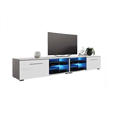 MEBLE FURNITURE & RUGS New Moon Modern TV Stand Matte Body High Gloss Doors with 16 Color LED (White, 81")