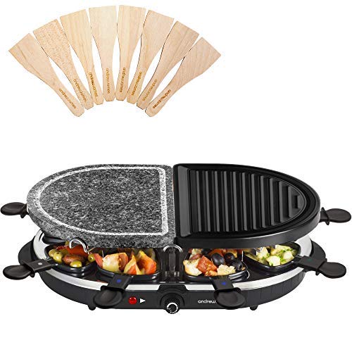 Andrew James Raclette Half Stone Half Metal Hot Plate | 8 Person Set with Pans for Cheese & Spatulas | Electric Cooker Machine with Adjustable Temperature