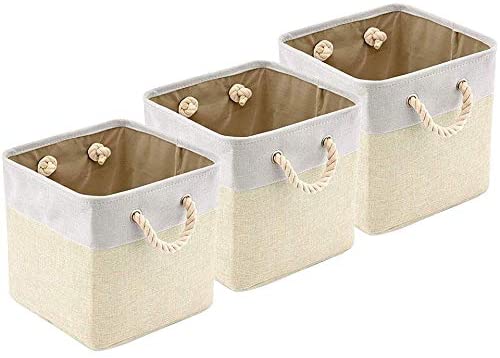 BeigeSwan Foldable Canvas Fabric Storage Basket [Set of 3] Collapsible Organizer Bins Cubes with Cotton Rope Handles - 13 x 13 x 13 inches (Cream/Light Gray)