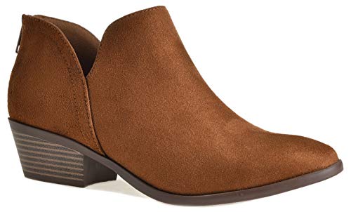 Women's Madeline Western Almond Round Toe Slip on Bootie - Low Stack Heel - Zip Up - Casual Ankle Boot