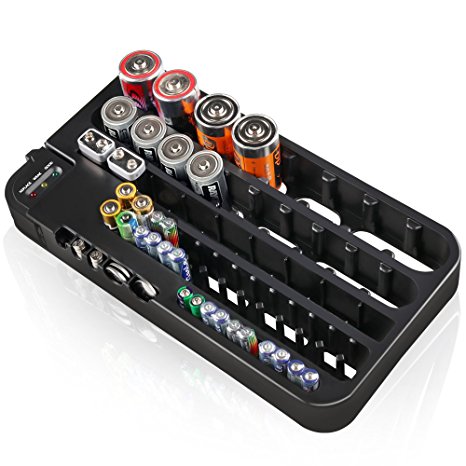 D-FantiX Battery Organizer and Tester AA AAA Battery Storage Case Black Large, 72 Batteries Holds