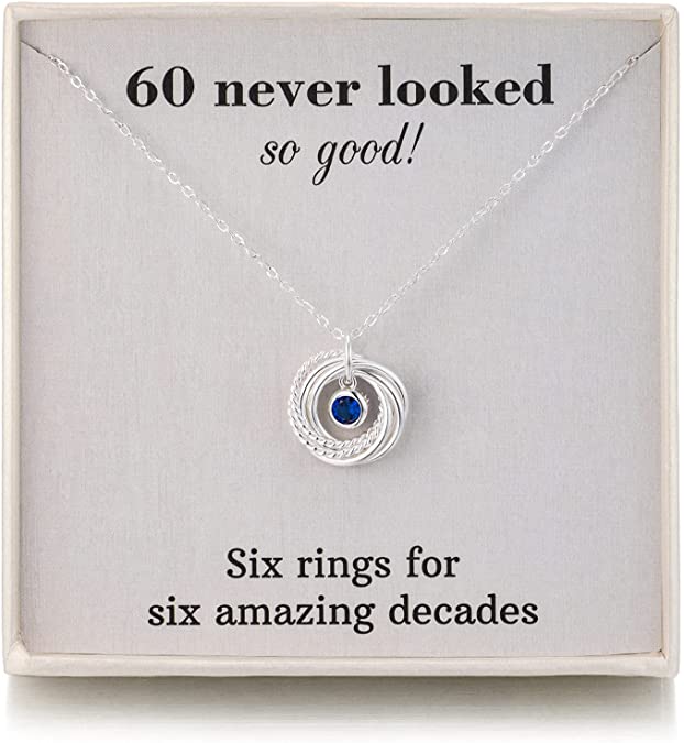 RareLove 60th Birthday Gifts for Women Jewellery,925 Sterling Silver 6 Rings Sapphire Birthstone Necklace,6th Anniversary,60 Birthday Gifts for Mum Best Friends,Six Rings for Six Decades