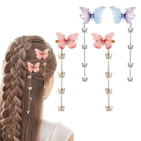 2 Pair Tassel Butterfly Hair Clips,Fabric Butterfly Tassel Bobby Pins Butterfly Hairpin with Moving Wings Cute Rhinestone Hair Barrettes Party Hair Accessories for Girls,Detachable Hair Pin