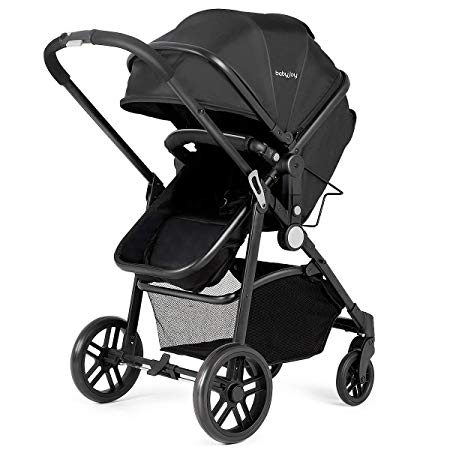INFANS 2 in 1 Baby Stroller, High Landscape Infant Stroller & Reversible Bassinet Pram, Foldable Pushchair with Adjustable Canopy, Storage Basket, Cup Holder, Suspension Wheels (Black)