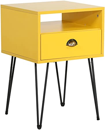 VECELO Nightstand 2-Tier Industrial End Side Table with Open Compartment & Drawer, Accent Furniture for Small Spaces, Easy Assembly, Yellow