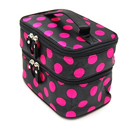 DuaFire Cosmetic Bag Double Layer Dot Pattern Travel Toiletry Bag Organizer With Mirror (Pink)