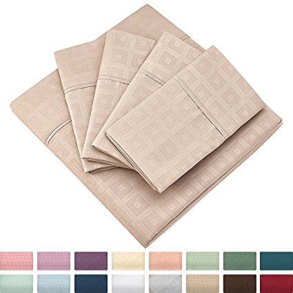 Elegant Bed Sheets - Queen Size, Tan (Squares) - Luxury 6 Piece Hotel Bedding Set - Deep Pocket - Matte and Shine Beautiful Patterns - Gold - 1 Fitted, 1 Flat, 4 Pillow Cases