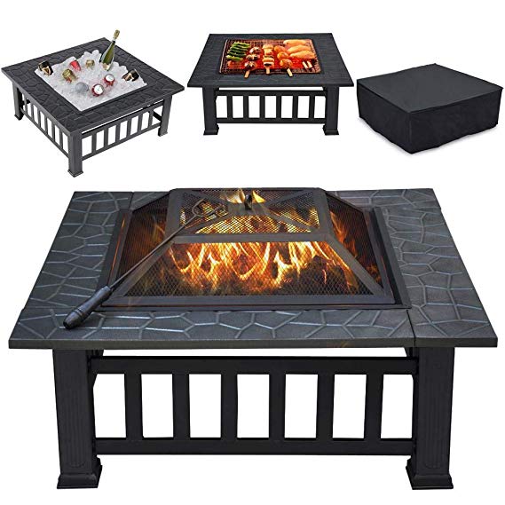 Yaheetech Large 3 in 1 Outdoor Fire Pit Square Stove Brazier Garden Patio Heater for Heating, Cooling Drinks with Cover & Poker