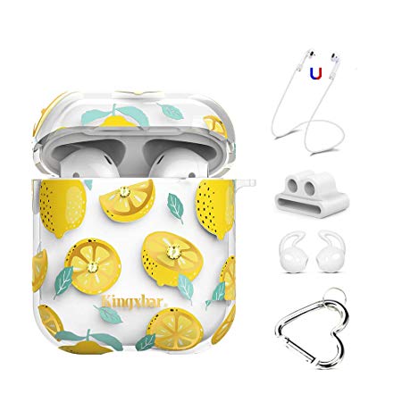 AirPods Case Cover 5 in 1 with Crystal from Swarovski for Apple AirPods 2 & 1, Clear Full Protective Hard Cute Cases for Girls Lemon Design with Keychain/Strap/Earhooks/Watch Band Holder by KINGXBAR